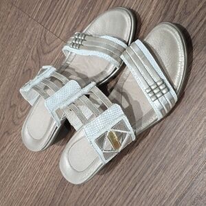 Naot Sandal 8 Women  Afrodita Open Toe Slide Heel Metallic Gray Tan Leather